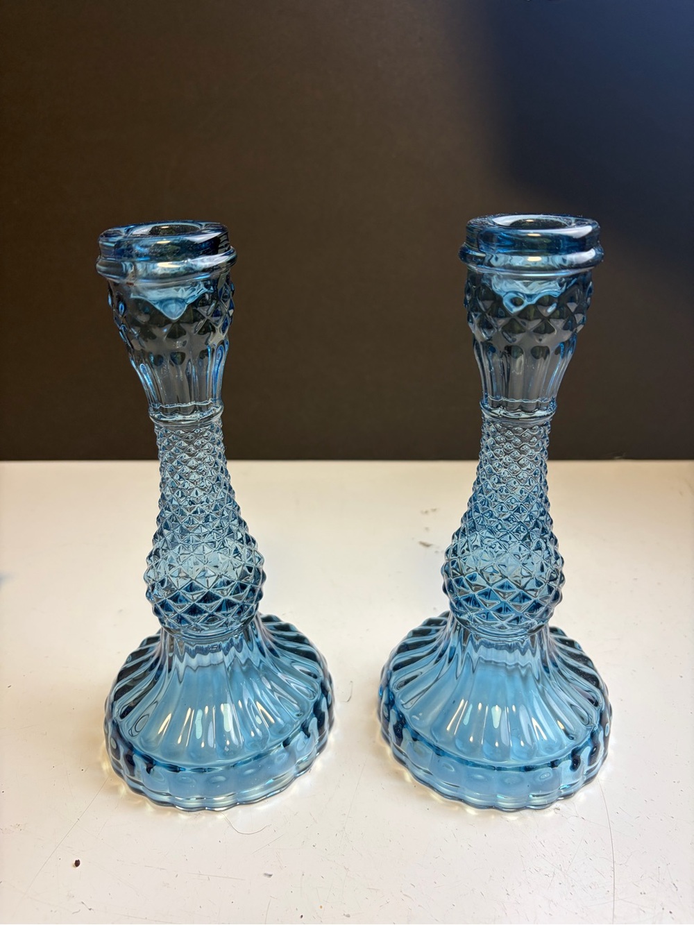 Pair of Blue Pressed Glass Candlesticks